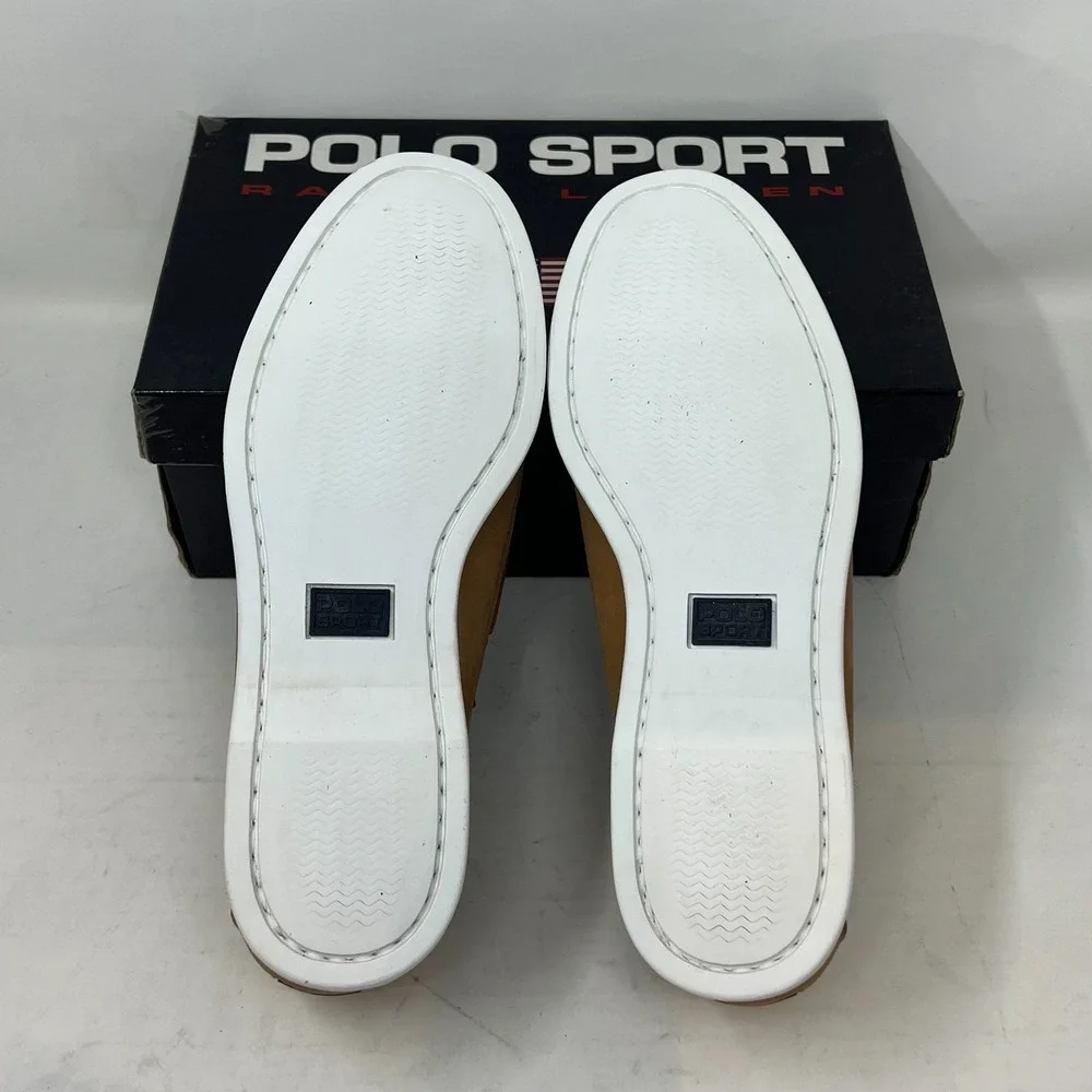 Polo Sport‎ Ralph Lauren Boat Shoes Tan Leather Moc Toe Beige Men's 8.5D VTG NEW
